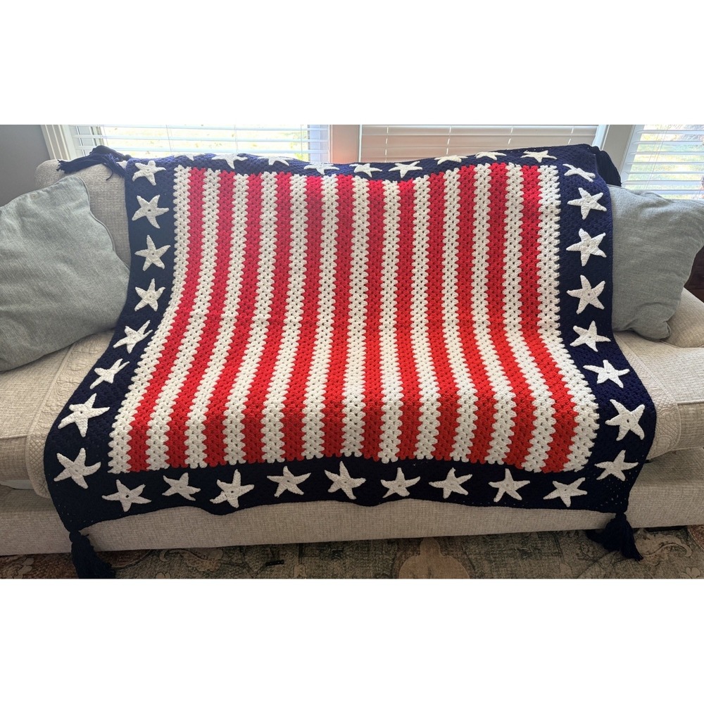 60"x 68" USA Afghan Blanket Red White Blue Handmade Crochet Stars American Flag